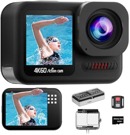 4K60FPS Action Camera Waterproof, 10M Bare Underwater Camera with 64GB Card, 8X Zoom Touch Screen Sports Camera,6-axis EIS 64MP Helmet Camera,Remote Control,Distortion Correction 2 * 1350mAh.
