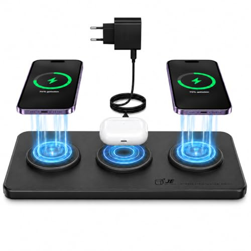 3-i-1 magnetisk induktiv laddningsstation kompatibel med Mag-Safe laddare, JE trådlös laddare mobiltelefon induktionsladdare för iPhone 17/16/15/14/13/12-serien, för AirPods 3/2/Pro (svart)