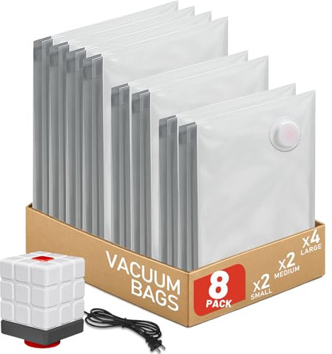 Vacbird Vakuumbeutel für Kleidung mit Elektrischer Luftpumpe, 8er Pack (2klein/2mittel/4groß), Wiederverwendbar Vakuumbeutel für Bettdecken, Matratzen, Decken, Kissen, Bettwäsche, Umzug