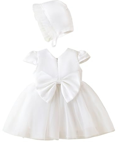 TENTIDE Newborn Baby Girl Christening Dress White Baptism Lace Long Sleeve Fall Wedding Dresses with Bonnet Outfit(White Short-Sleeve, 0-3 Months)