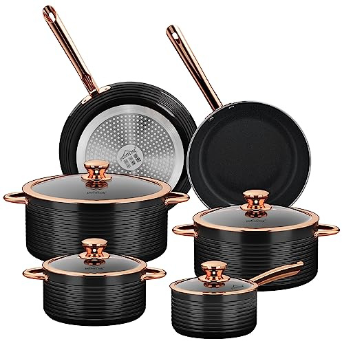 HOMELUX Lot de 10 Casseroles Induction, Batterie de Cuisine en Fonte d’Aluminium - Revêtement Céramique Anti-Adhésif sans PFOA
