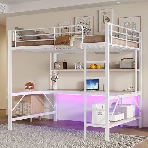 MQGPM Cama alta de 140 x 200 cm con escritorio, litera con estantes y espacio de almacenamiento, marco de cama con protección anticaída y somier, cama para adultos, adolescentes y niños, color blanco