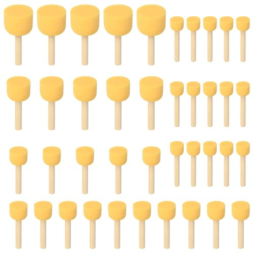 40 Pcs Foam Brushes, Round Sponges Brush Set, Sponge Stippler Paint Tools, Washable Yellow Paint Sponges with Wooden Handle, Painting Round Sponge Brush for DIY Arts and Crafts (4 Sizes)