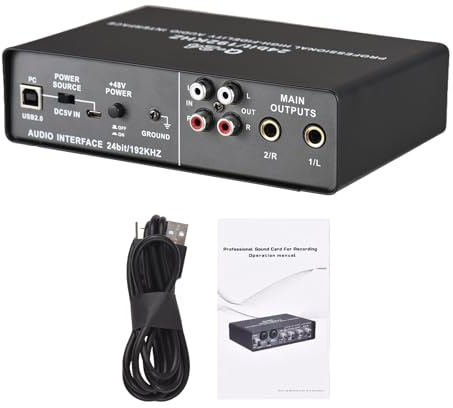 Tarjeta de sonido de interfaz de audio USB profesional con 48V Phantom Power Latency Monitoring Función de bucle Back Fune para estudios de grabación de música Podcasting