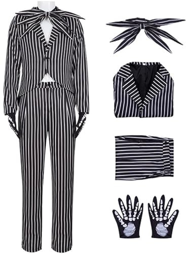 Kolegrial Jack Disfraz Hombre Cosplay Christmas Eve Sally Esqueleto Novio Gótico Vintage Rayas Smoking Set Chaqueta y Top Pantalón Pajarita Guantes para Carnaval Halloween Fiesta Mascarada Traje