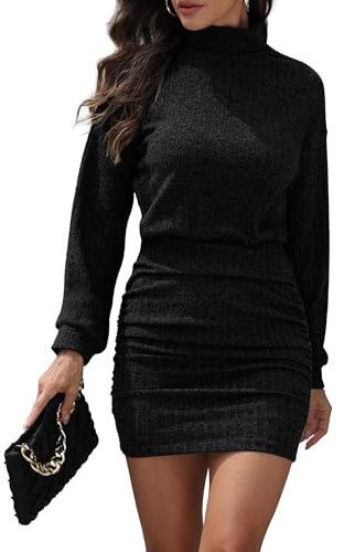 GRECERELLE Abito invernale da donna, sexy, a maglia, con maniche lunghe e collo alto, elastico in vita e dettagli volant, mini abito bodycon, per autunno e inverno, XXL