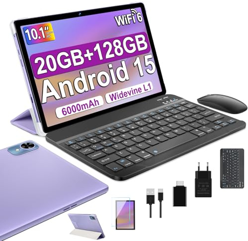 fezawio 2026 Tablet 10 Pollici Android 15 Con 20GB RAM + 128GB ROM (TF/1TB),Widevine L1,1280 * 800 IPS,Octa-Core,GMS, Bluetooth 5.0&5G WiFi 6,5MP + 8MP,Tablet PC Con Custodia, Tastiera e Mouse,Viola
