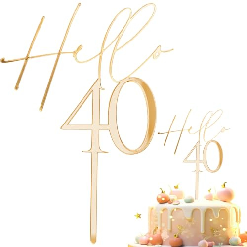 JYSNOW Topper Tarta, Decoracion Tartas Cumpleaños, Acrílico Decoración para Tartas, Cake Topper, Decoración de Tarta de Hello 40, para Fiestas, Cumpleaños, Dorado (Estilo 2)