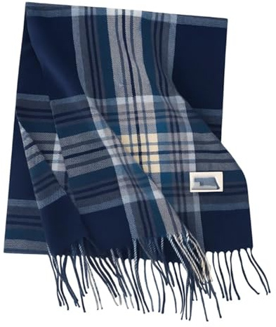 Grion Navy Plaid Scarf - Women and Men Soft Winter Wrap with Tassels Long Checkered Pattern - for Autumn Outdoor Commuting Daily Wear and Cold Weather Styling Everyday Use (Navy Plaid)