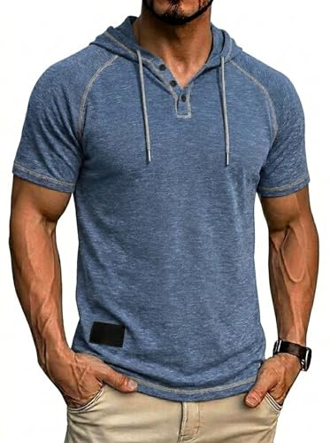Aulemen Maglietta con cappuccio, da uomo, a maniche corte, con cappuccio, da uomo e con bottoni, per sport e tempo libero, M-3XL, Blu, XXL