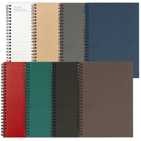 RITOLLO Set med 8 A5-spiralanteckningsböcker i 7 färger, 120 sidor linjerade med datum och väder, 80 g/m² papper, anteckningsblock för skola och kontor