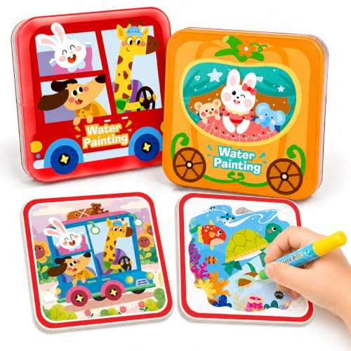Tangdudu Lot de 2 Livres Coloriage Eau Magique pour Bébé dès 1 An, Livre Magique Réutilisable avec 2 Stylos à Eau, Livre Peinture Magique à l'Eau, Activité Créative et Jeu Voyage Enfant