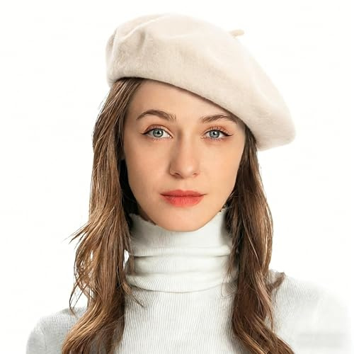ZLYC Femmes Classique Francais Laine Chapeau de Béret(Blanc crème),Taille Unique