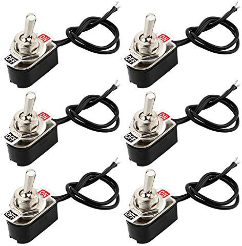 QitinDasen 6Pcs Professionell 3A 250V / 6A 125V Auto Mini Kippschalter mit Vorverdrahtetem, SPST 2-Polig Rocker Toggle Switch, EIN/AUS 2 Position Wippschalter mit Metallhebel