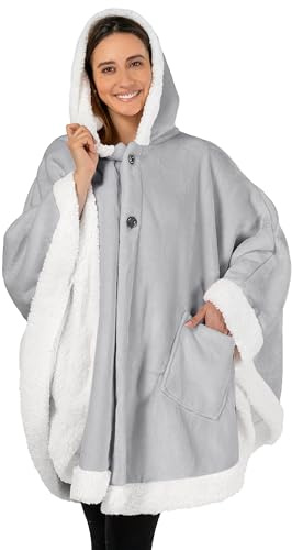 PAVILIA Hooded Blanket Poncho Fleece Wearable Shawl Wrap Throw, Light Grey