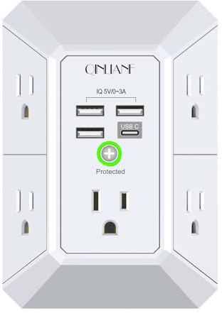 Wall Charger, Surge Protector, QINLIANF 5 Outlet Extender with 4 USB Charging Ports, 3-Sided 1680J Power Strip Multi Plug Adapter Spaced for Home Travel Office