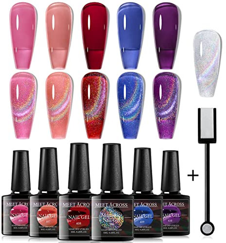 MEET ACROSS UV Gel Nagellack Cat Magnet Eye 9D Chamäleon Sternenhimmel Effekt Magie Gel Nagellack Set Glitter Reflektierend Magnetisch UV Nagellack mit Magnetstift