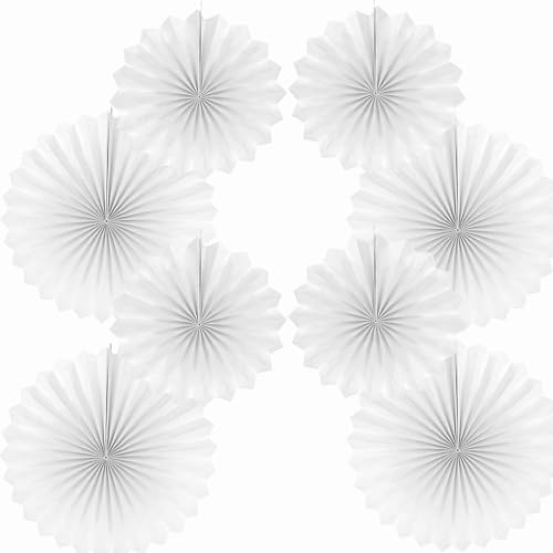 Party Hanging Paper Fans Set, White 40.6CM(16in) and 30.4CM(12in) Round Paper Fans Decoration for Birthday Wedding Graduation Events Accessories,Set of 8