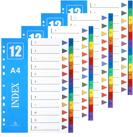 XHDA 1-12 Part Dividers A4, 4 Pack Multi-Colour Plastic A4 Index Folder Subject Dividers, 11-Holes Lever Arch Files Dividers Ring Binders for Office School