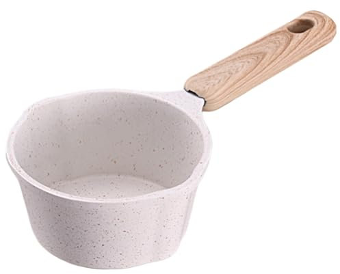 Kexpery Mini cacerola antiadherente con mango de madera con boquilla de vertido, cacerola pequeña antiadherente para cocina, inducción, estufa de gas, camping (blanco)