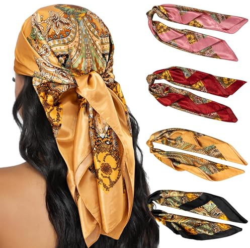 HBselect 4PCS Head Scarf for Women 35” Large Square Satin Headscarves