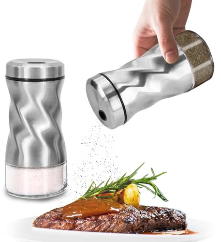 Glass Salt and Pepper Shakers Set, Adjustable Pour Holes for Fine or Coarse Spices, 4 oz Glass Salt Shaker, Refillable Spice Shakers for Himalayan & Kosher Salt, Pepper, Cinnamon – For Kitchen & Table