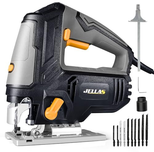 Jellas Jigsaw, 850W Electric Jigsaw Tool, 3000SPM Cutting in Wood 110 mm, 6 Variable Speeds, 3 Orbital Sets, 0°-45° Bevel Cut, LED Light, Corded Jig Saw for Wood and Metal Cutting