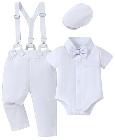 WESIDOM Baby Boy Baptism Outfit Baby Boy Suit Short Sleeve Dress Shirt+Tie+Beret+Suspender Pants Baby Christening Formal Outfits 5Pcs Sets