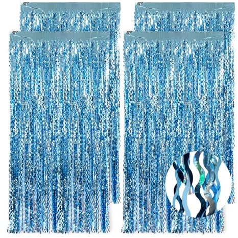 Vaktop 4 Stück Lametta Vorhang Blau, S Form Glitzer Vorhang Geburtstag, Folien Fransen Glitzervorhang, Luftschlangen Party Vorhang für Party Deko Hochzeit Hintergund Fotowand Bühnendekor (1 m x 2 m)