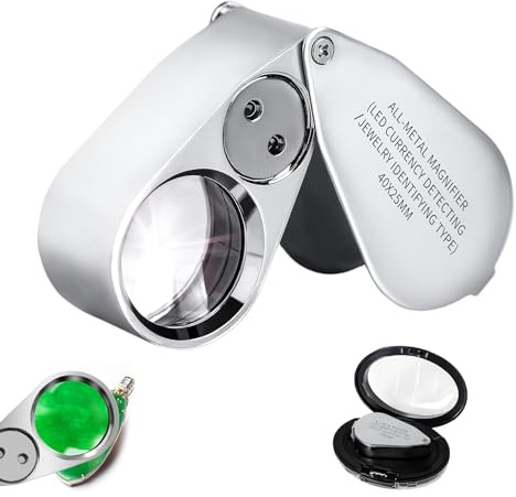 40X Jeweler Loupe, LED Magnifying Glass, Pocket Magnifier with UV Light, Foldable Metal Magnifying Glass for Jewelry Coins Stamps Watches Gems, Compact Illuminated Eye Loupe with Storage Case, Slivery