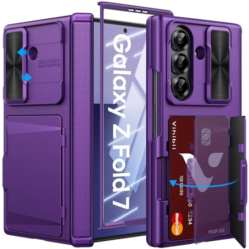 Vihibii Coque pour Samsung Galaxy Z Fold 7 avec Carte Bancaire & Cache Caméra, Protection de la Charnière, Protection de L'écran, Antichoc Rigide Robuste Case Étui pour Samsung Fold 7, Violet Foncé
