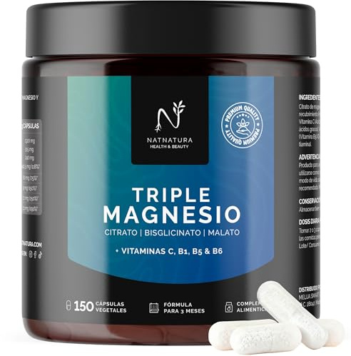 Magnesio Triple – Citrato de magnesio, Bisglicinato y Malato | 442 mg de magnesio elemental por dosis + Vitaminas B1, B5, B6 y C | Antifatiga, Calambres y Recuperación Muscular | 150 cápsulas.