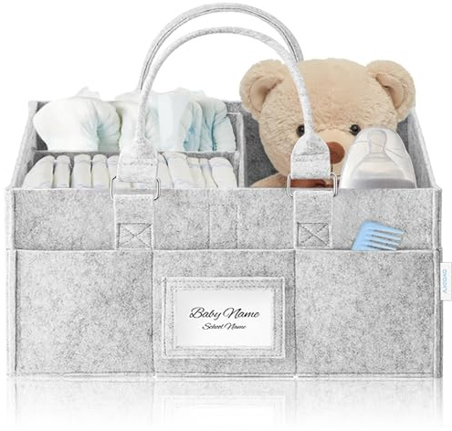 AJIEQAQ Wickeltisch Organizer Filz Grau - Baby Windelcaddy mit Flexiblen Fächern & Bilderrahmen - Tragbare Windeltasche & Aufbewahrungskorb für Neugeborene und Kleinkinder