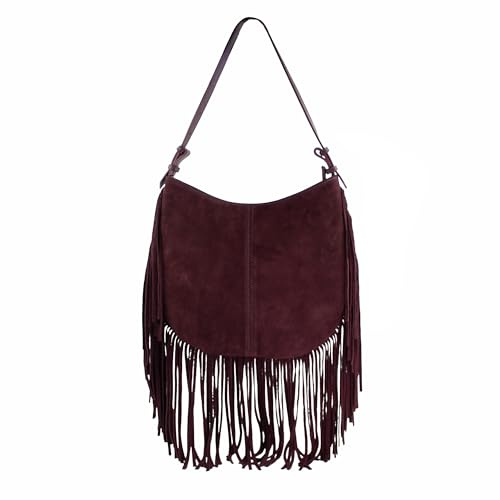 lePelou Borsa in pelle scamosciata con frange, tracolla in pelle scamosciata con tracolla regolabile, borsa a tracolla, borsa con frange, borsa in pelle scamosciata, bordeaux