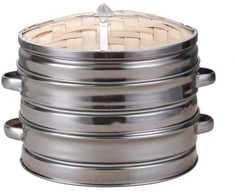 Set per cucina a vapore in bambù, cestello in acciaio inox a 2 livelli con coperchio, con vaporiera in bambù fatta a mano, uso domestico e commerciale