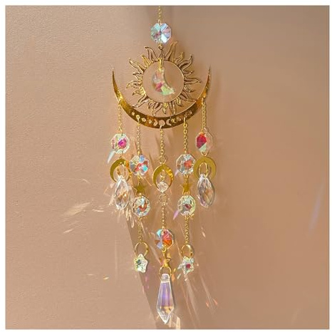 Acchiappasole cristallo, ciondolo a forma di luna di fuoco, decorazioni da appendere, ciondolo di cristallo lucido, campanelli a vento, prisma di cristallo, acchiappasole per finestre, porte, giardini