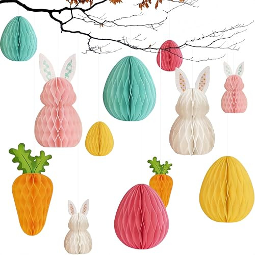 Zeaying 12 Pièces Décorations boules en papier nid d'abeille, Oeuf à Suspendre en Papier, Décorationed de Pâques Lapin Boules, Réutilisables, En nid d'abeille, L'extérieur décoration de printemps