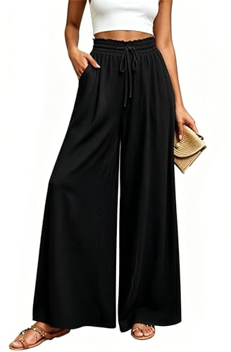 Koerye Pantalones de Pierna Ancha para Mujer Cintura Alta Casual Suelta Pantalones Elegantes Fluido Cintura Alta con Bolsillos Casual Elástica Pantalones de Verano Negro,XL