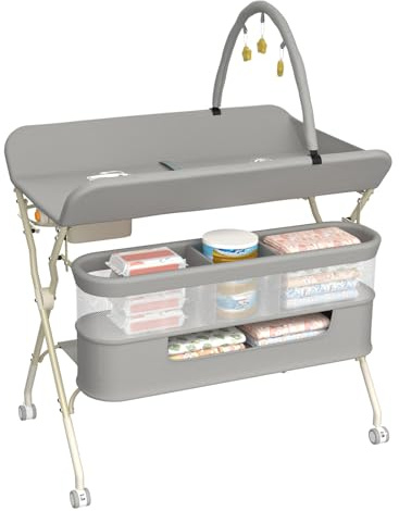 Homewell - Mesa de cambio ajustable en altura, mesa de cuidado escalable con ruedas, estable y práctica para baño y dormitorio, 75 x 68 x 83 – 91 cm (gris)