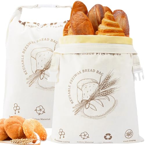 Cuxawamiyo Juego de 2 Bolsas para Pan con Cera de Abeja de algodón y Lino, Bolsa Reutilizable para Pan de Masa Madre con Cremallera y asa de Transporte