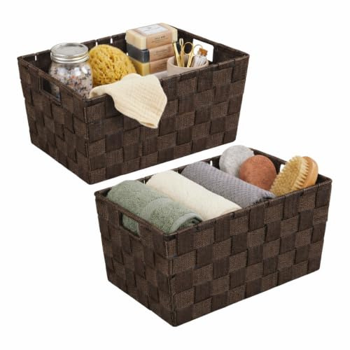 OCEANO Set 2 Cestini Portaoggetti Intrecciati con Maniglie 30x20x15 cm Scatole Organizer Rettangolari per Bagno Trucchi Scrivania Armadio Ceste Salvaspazio in Tessuto (Marrone)