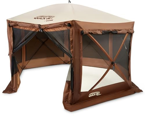 CLAM Pop Up Screen Tent, Large Outdoor Camping Gazebo Canopy, Pavilion, 12.5', Brown - Foldable and Portable Screened Shelter with Netting for Beach, Patio, and Backyard