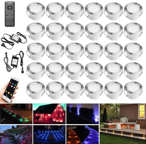 GEYUEYA Home 30er Set Bodenstrahler Außen RGB + Warmweiß LED, WIFI Bodeneinbaustrahler Aussen, IP67 Wasserdicht, DC12V, Ø31mm, LED Bodenleuchten Außen, Terrassenbeleuchtung, Alexa Google Home
