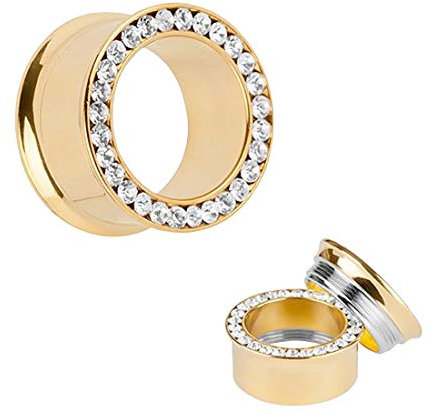 Taffstyle Flesh Tunnel Ohr Piercing Ear Plug Ohrpiercing Titan Schraub Schraubverschluss Gold Farben Kristall Clear 6mm
