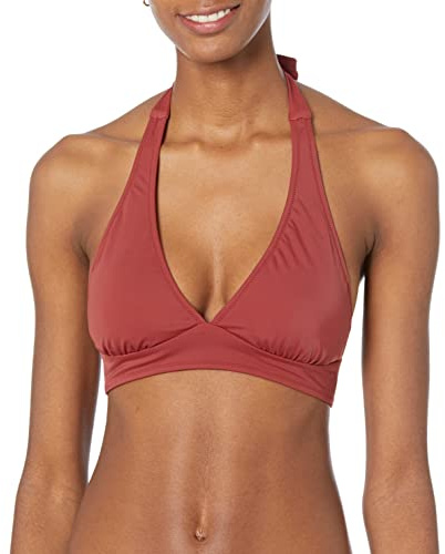 Amazon Essentials Women's Light-Support Padded Tie Halter Bikini Swimsuit Top (Available in Plus Size), Brick Red, Small