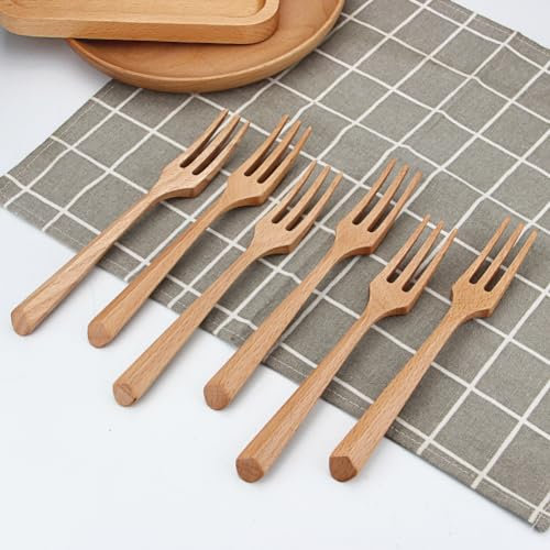 Paquete de 5 tenedores de madera, mango largo, reutilizables, estilo japonés, hechos a mano, para postres, patatas fritas, aperitivos, cereales, frutas, ensalada