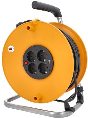 as - Schwabe Kabeltrommel 25 m - 4 Einbausteckdosen - Überhitzungsschutz - Feststellbremse - 230V/16A/3500W - Leitungsführung - Made in Germany - IP20 - orange, 11480