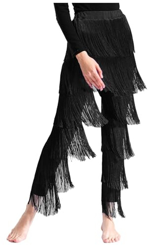 Nyeemya Pantalones De Baile Latino Traje De Rendimiento De Tango Cha-Cha Pants Cintura Elástica Pantalones con Flecos Escalonados Negro S