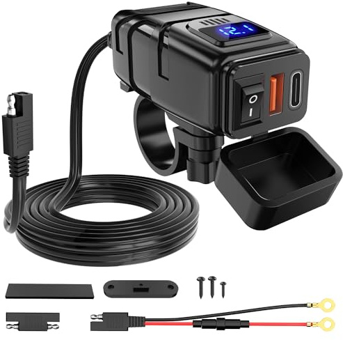 Nilight Motorcycle USB Type C Port 12V Voltmeter Independent On Off Switch SAE Inline 10A Fuse Waterproof 6.8A QC3.0 Fast Phone Tablet for 7/8inch Handlebar