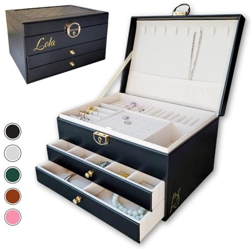 BS Boîte à bijoux pour femme et fille | Boîte à bijoux personnalisée avec prénom, pour cadeau - fête | Rangement bijoux verrouillable à clé, en cuir végan, organisateur bijoux (Noir)